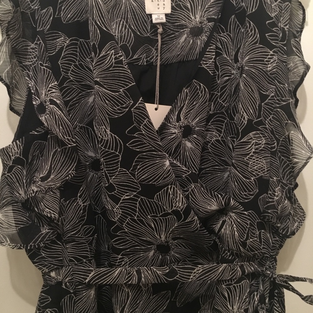 Black/ White Printed Floral Faux Wrap Dress
